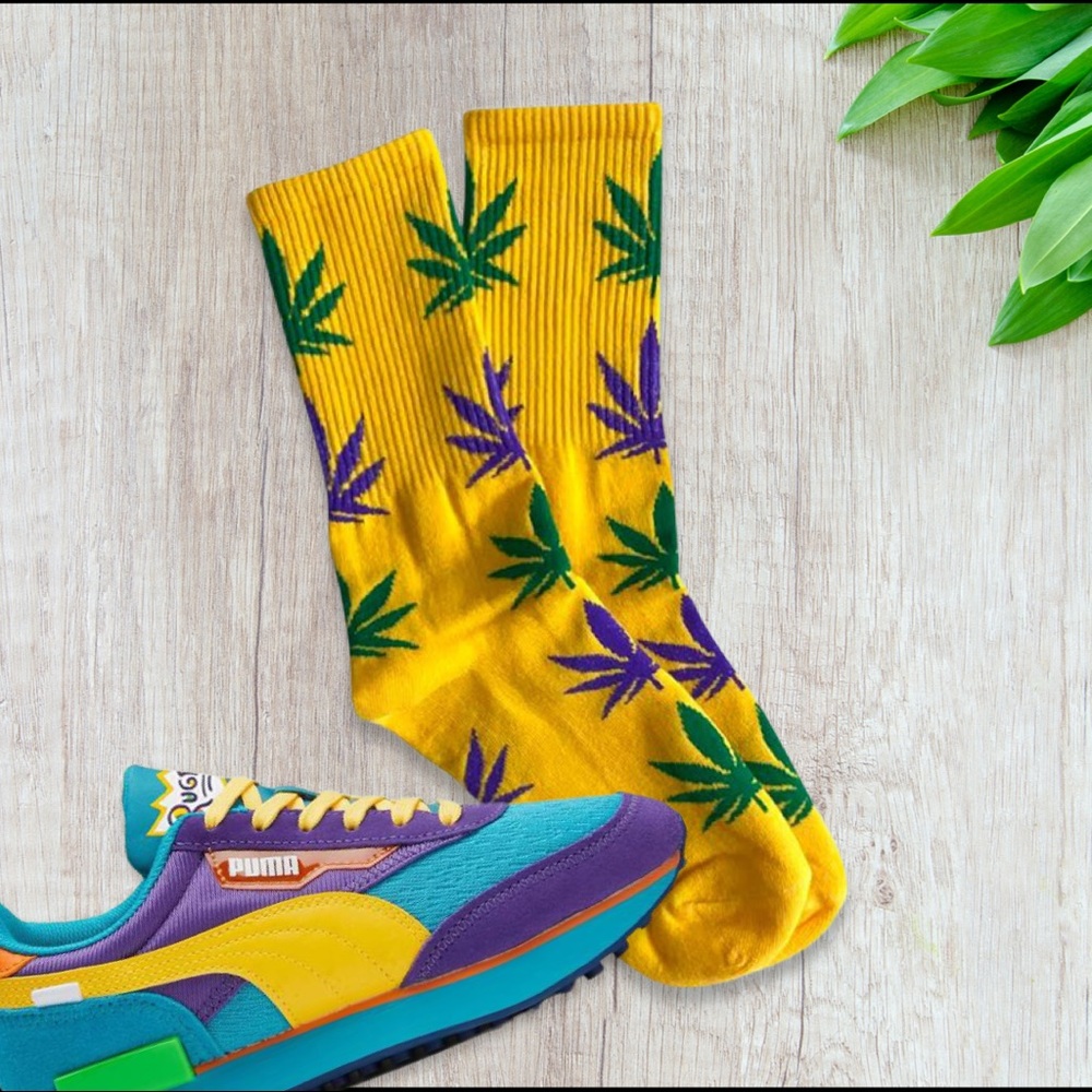 Pot Leaf 420 Novelty Socks - Yellow purple green